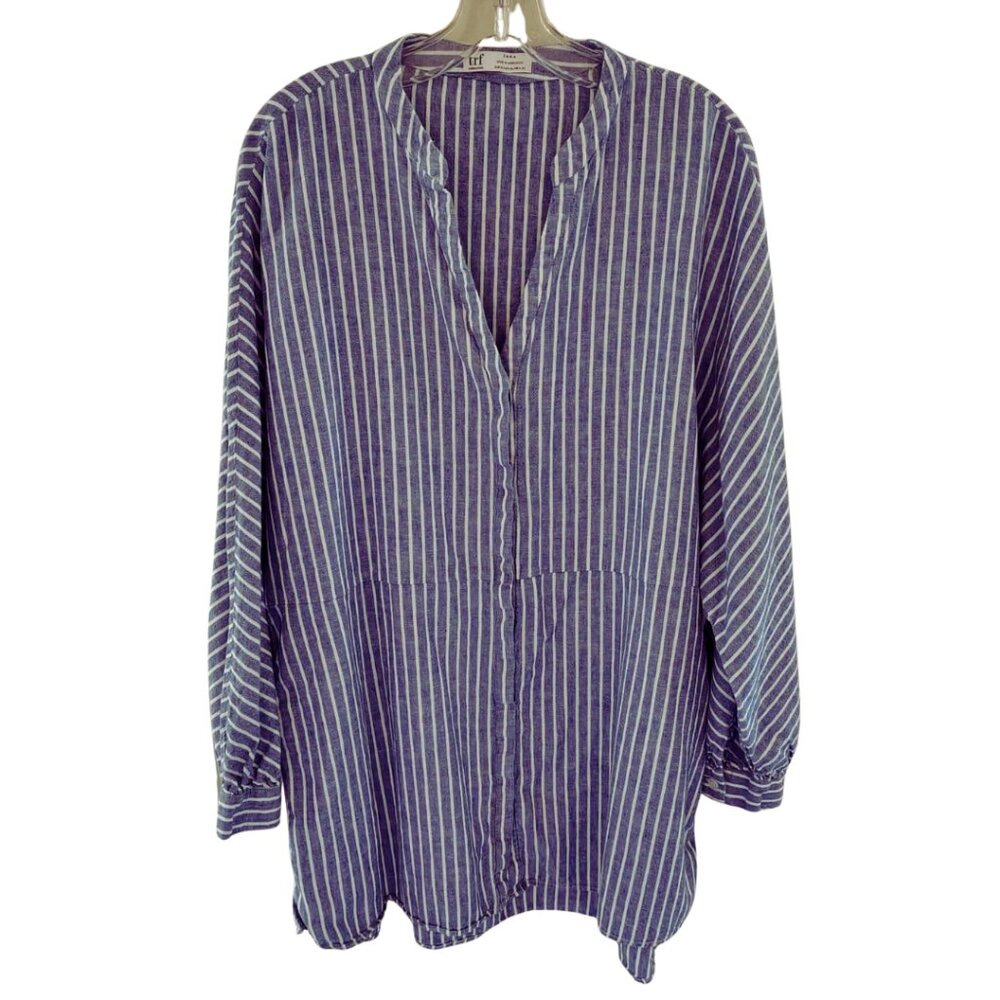 ZARA trf Collection Relaxed Linen/Cotton Blend Striped Blue White Tunic Shirt